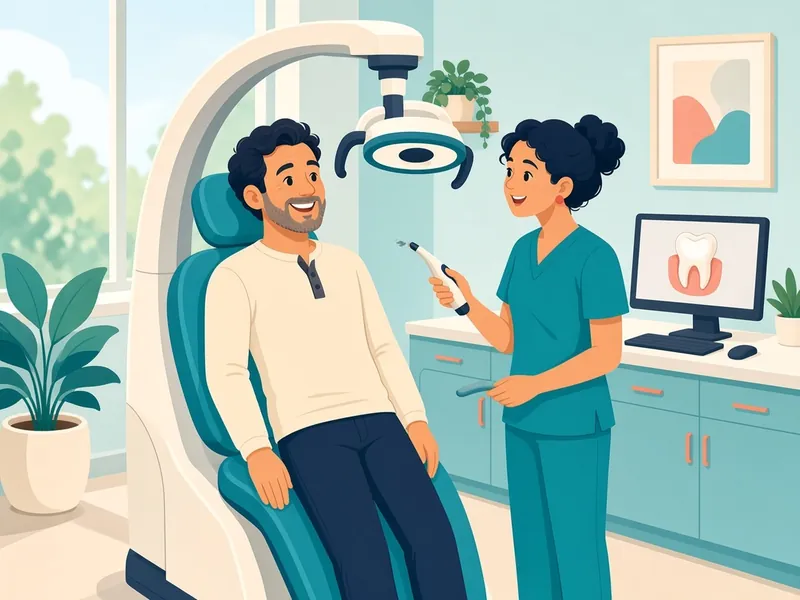 Cartoon dental office with a 3D CT scanner, digital intraoral scanner and a monitor showing a tooth